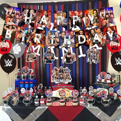 Wrestling Birthday Decorations,Wrestling Boxing Match Party Supplies Include Happy Birthday Banner, Cake Topper and Cupcak...