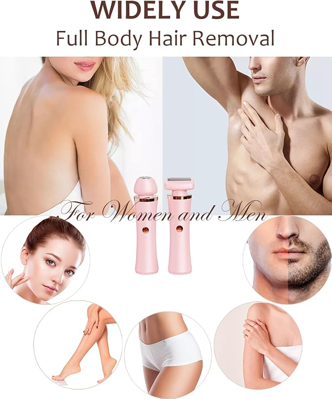 Facial Hair Remover for Women - 2-in-1 Electric Painless Face Hair Removal Shaver Device - Waterproof Face Trimmer & Body Epilator - Rechargeable Razor with 2 Heads for Lips Arms Legs Bikini Body