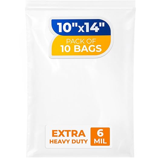 10" x 14" Medium Zip Seal Lock Bags, 6 Mil (Pack of 10) – Heavy-Duty Reclosable Plastic Bags – Clear, Resealable, Waterproof – For Storing and Organizing Clothes, Jewelry, and Travel Items