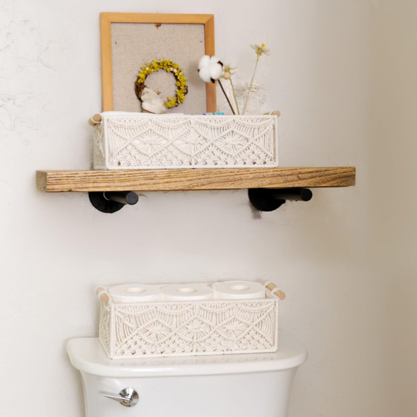 BROWNLILY Macrame Storage Baskets Boho Decor Gift Box Woven Toilet Paper Basket with Wood Handles Home Decorative Baskets for Organizing on Shelf Cabinet Countertop Livingroom - Set of 2