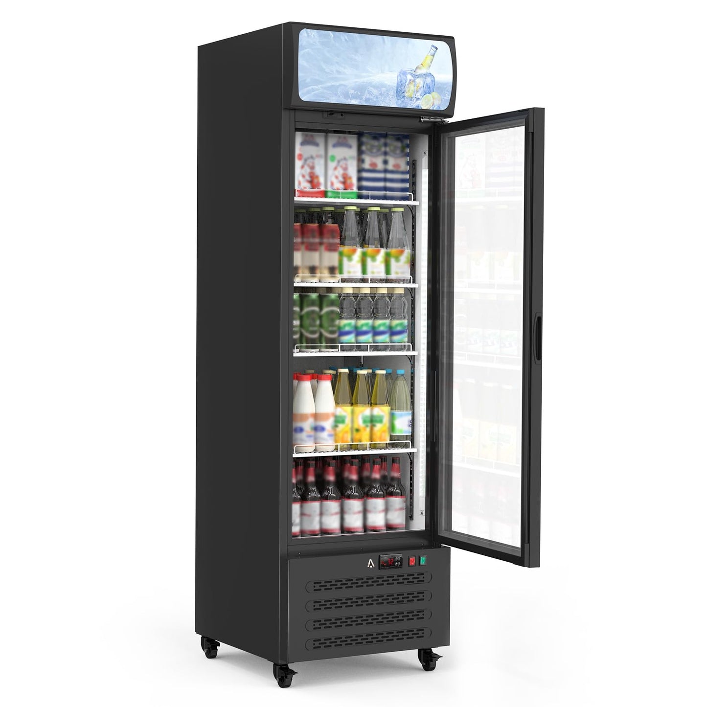 IDEALHOUSE 13.4 Cu.Ft Commercial Display Refrigerator, Single Glass Door Beverage Cooler with 4 Adjustable Shelves & LED Lighting, Black Drink Fridge for Store or Home