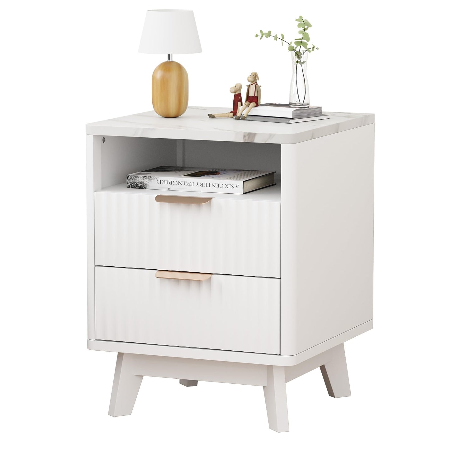 HOCAT Fluted White Nightstand with 2 Drawers, 18" Modern Bed Night Stand with Faux Marble Top, Open Storage Shelf, Curved Edge Bedside Table for Bedroom, Living Room End Side Table