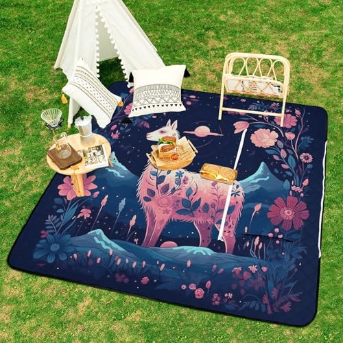 Starry Night Alpaca Picnic Blankets Waterproof Blanket Outdoor Beach Blanket with Tote Bag Design, Foldable Picnic Mat for...