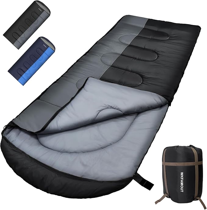 WKFAMOUT XL 10 Degree Sleeping Bags Waterproof for Adults 350GSM Machine Washable with Compression Sack for 3-4 Season Cam...