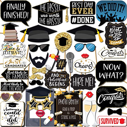 Graduation Photo Booth Props - 41-pc Photobooth Kit with 8 x 10-Inch Sign, 60 Adhesive Pads, 45 Sticks - Graduation Props...