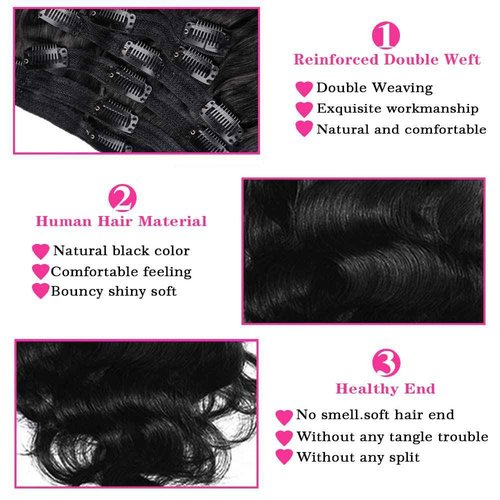 Body Wave Brazilian Clip in Hair Extensions Human Hair 8Pcs Remy Hair Extensions Clip ins for Black Women with 18Clips 120g (20inch, Natural Black)