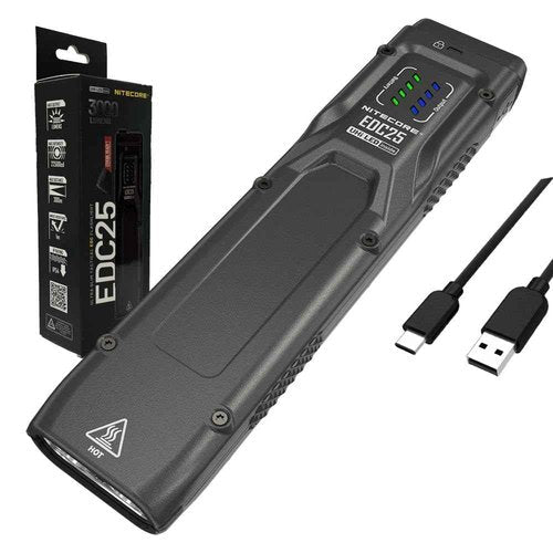 NITECORE EDC25 - Nitecore EDC25 3000 Lumen Ultra Slim EDC Flashlight 3000 Lumen w/Eco-Sensa USB-C Charging Cable