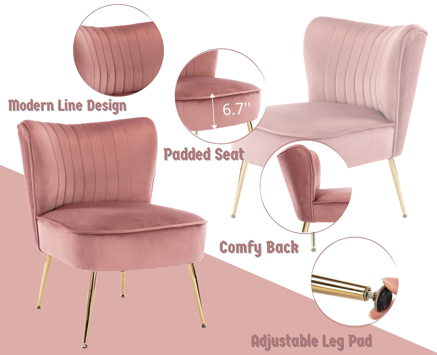 CIMOTA Velvet Accent Chairs Set of 2 Modern Armless Slipper Wingback Single Sofa Side Chair Comfy Corner Chair with Golden Legs for Living Room Bedroom, Pink