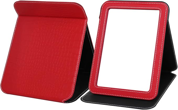 Red Foldable Desk Mirror, 5.3×6.9” Adjustable Angle Rounded Rectangle PU Edge Covering Travel Mirror with Stand (MRed)