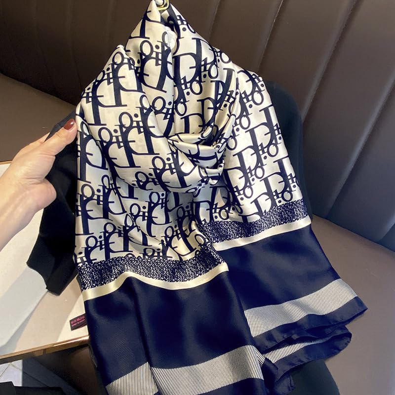 Designer Monogram Print Silk Scarf, Navy Blue and White, Luxury Fashion Accessory for women