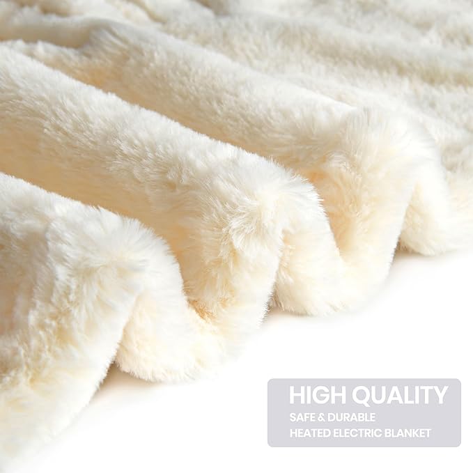 Heated Electric Blanket Twin 62"×84", Plush Fast Heating Faux Rabbit Fur Blanket with 8 Heating Levels Auto Shut Off, for Bed & Couch Super Cozy Fuzzy,Fluffy Winter Warming Beige