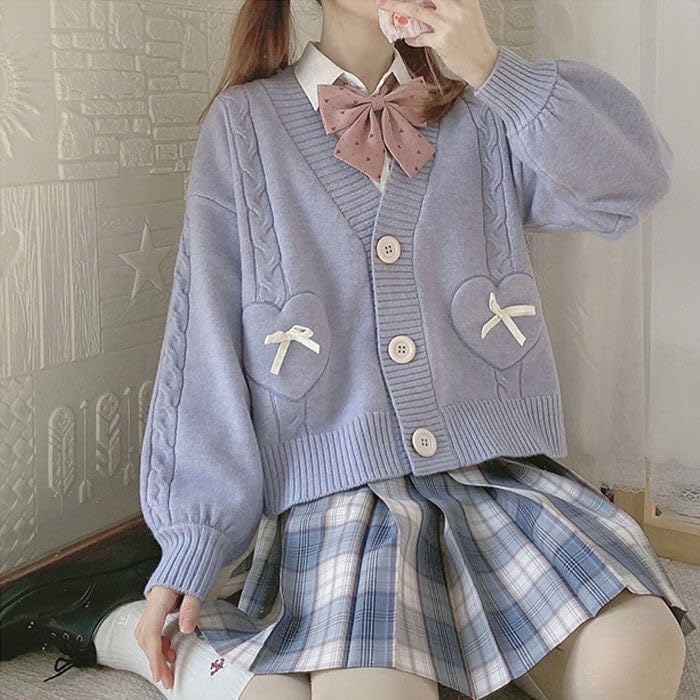 Japan Harajuku Kawaii Pink Knitted Cardigan Women's V-Neck Sweater Cute Bow Heart Korean JK School Uniform Jacket