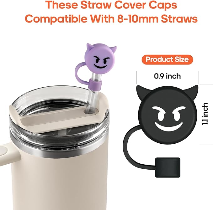 Halloween Silicone Straw Covers Cap for Stanley Cup, Cute Straw Topper for Stanley 30&40 Oz Tumbler, Reusable Dust-Proof Drinking Straw Cover, Set of 4（Demon）