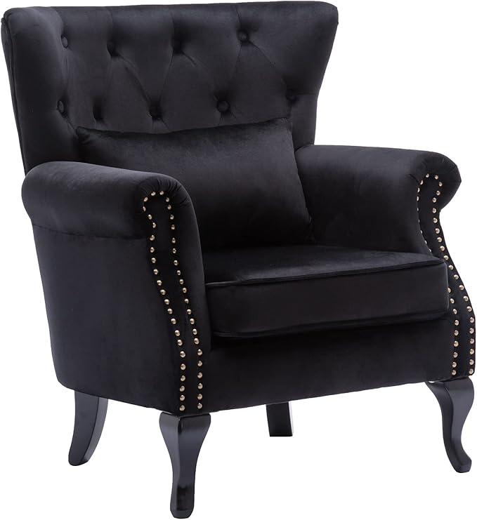 DM Furniture Set of 2 Mid-Century Modern Accent Chair, Velvet Armchair w/Tufted Back/Wood Legs, Upholstered Lounge Arm Chair Single Sofa for Living Room Bedroom, Black