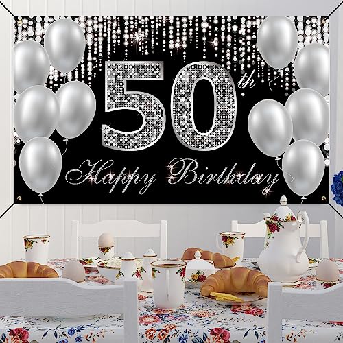 HTDZZI 50th Birthday Banner Backdrop, Happy 50th Birthday Decorations for Women Men, Black Silver 50 Year Old Birthday Par...