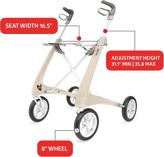 byACRE Carbon Ultralight Rollator Walker with Organizer Bag, Regular Track, 16.5" x 24" Seat (W x H), Oyster White