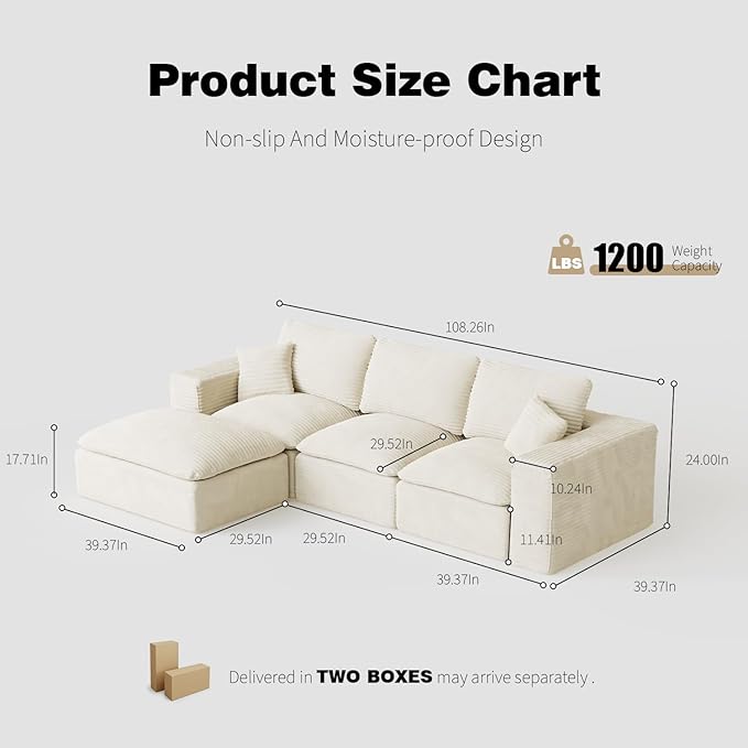 ZIGHTH 108" Plush Corduroy L Shaped Sectional Cloud Sofa Couch with Ottoman, Soft Deep Seat Modular Sectional Couches for Living Room,No Assembly. Beige