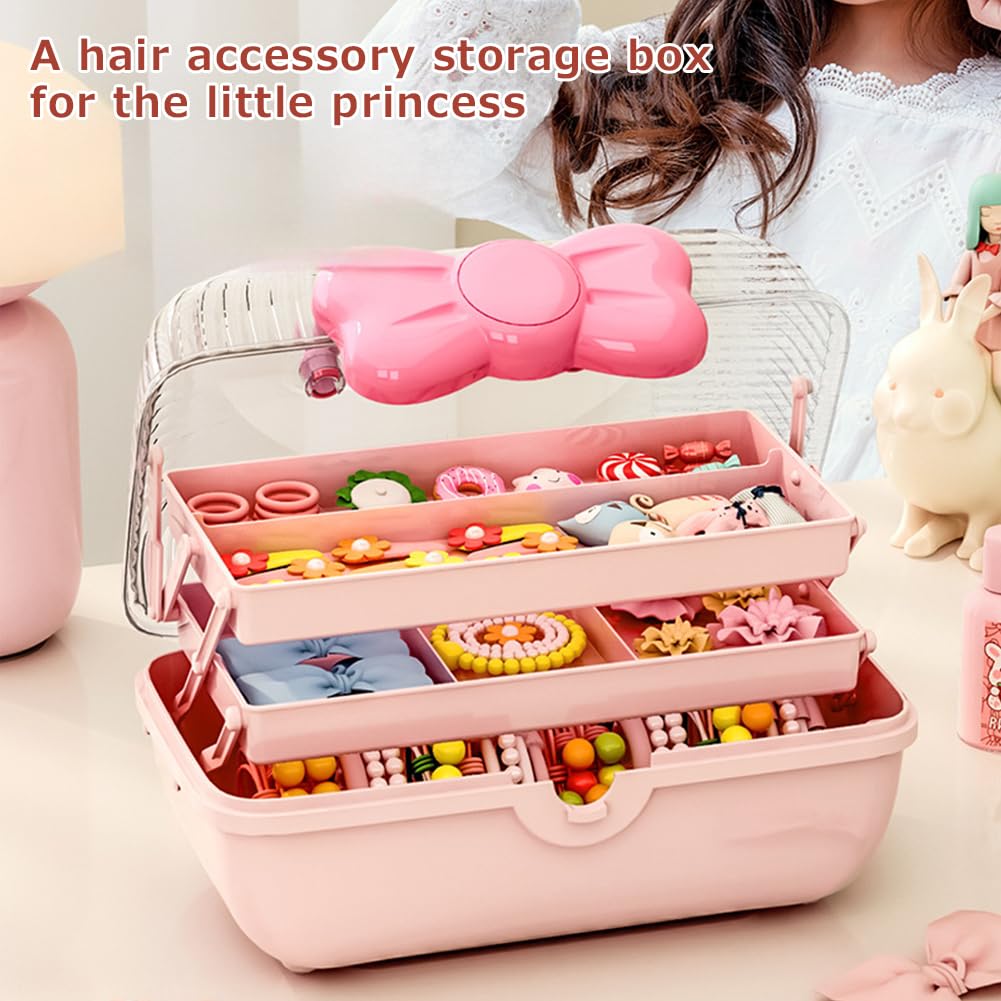 HMWQC Bow Shaped Hair Accessories Storage Box Lockable Three-layer Folding Craft Organizers and Storage for Girls Headbands Clips Ties Baby Girl Supplies, Pink, 16M81916H157E4V