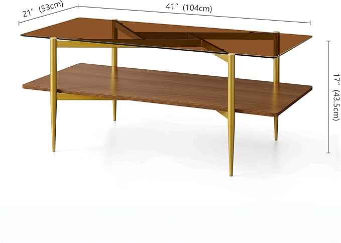 Pine Flicker Rectangle Coffee Table, Mid-Century Modern Design, L41*W21*H17 inch, for Living Room, Amber Glass Top and Walnut Finish Wood Shelf, Conical Metal Legs with Gold Finish