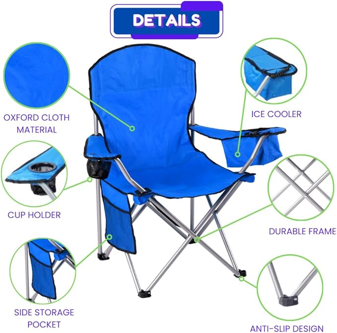 EZONE 2-Pack Camping Chairs with Built-in Ice Cooler, Portable Chair, Storage Pocket, Cup Holder, and Carry Bag Perfect for Camping, Tailgating, Fishing, Beach, and Lawn (2, Blue)