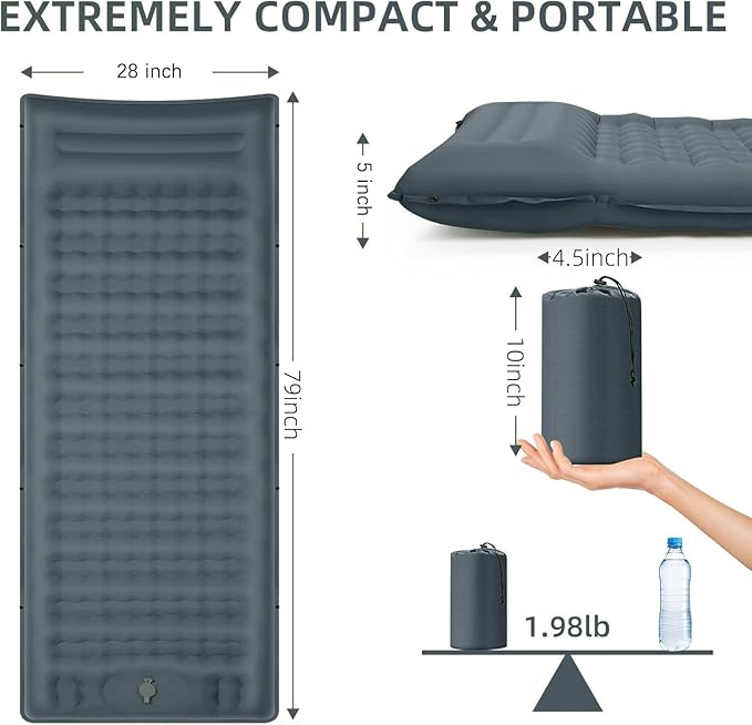Camping Sleeping Pad, Extra Thick 5 Inch Camping Mat with Pillow, Built-in Foot Pump Inflatable Sleeping Pads Compact for Camping Backpacking Hiking Traveling Tent as Camping Essentials（Gray）