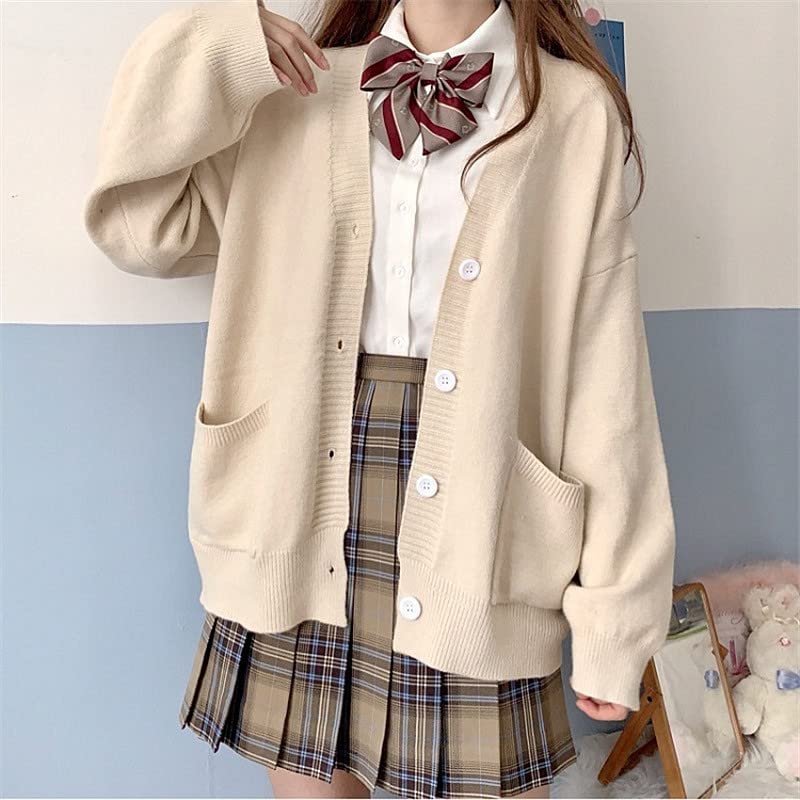Preppy Aesthetic Clothes Cute Japanese School Sweater Kawaii Solid V-Neck Loose Knitted Cardigan JK Uniform Cosplay (M,Apricot)