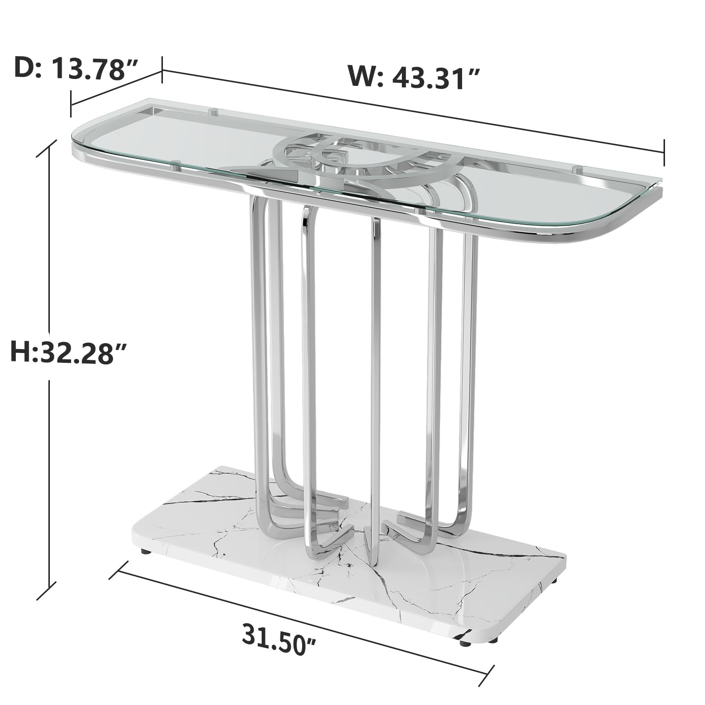 O&K FURNITURE 43" Modern Glass Console Table with Curved Chrome Frame & Faux Marble Base, Silver Narrow Sofa Table for Entryway, Living Room, Hallway, Home Office