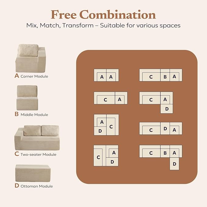 Furnify 136" Cloud Sectional Couch, Left/Right Facing Convertible Sofa with Deep Seat, L-Shape Modular Upholstered Foam Couch for Living Room Bedroom, No Assembly Required (Corduroy Fabric, Beige)