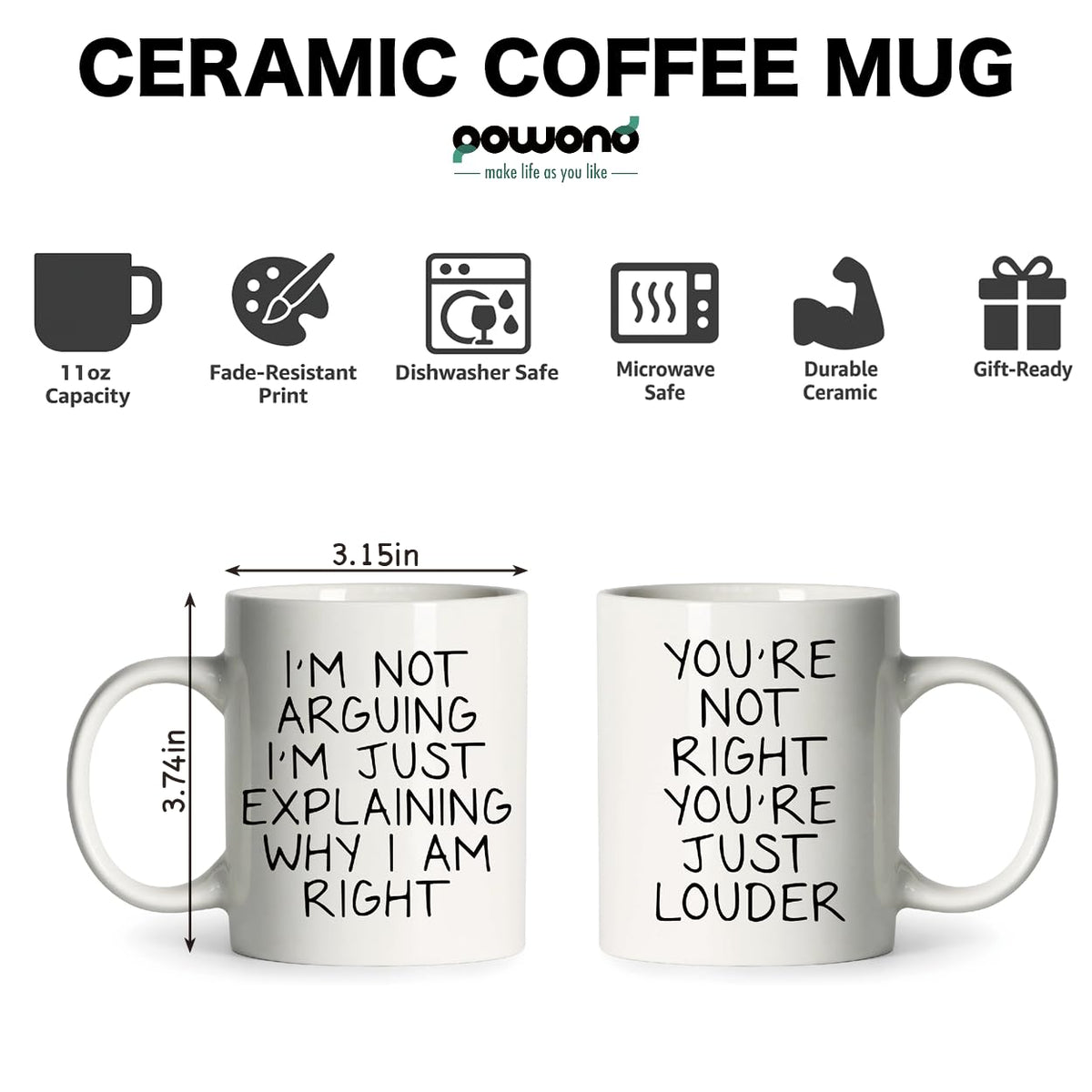 powond Couple Coffee Mugs Set of 2, 11oz Ceramic Cups with Funny Quote Design, Dishwasher & Microwave Safe, Ideal Gift for Anniversary, Wedding, Valentine’s Day, Husband and Wife, Him and Her