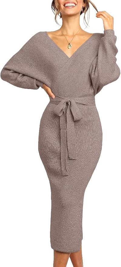 Chang Yun Women's Long Maxi Sweater Dresses Sexy Wrap Batwing V Neck Slit Open Back Holiday Bodycon Dress with Belt