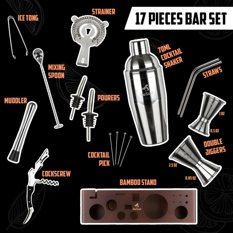 BarStash Cocktail Shaker Set Bartender Kit with Stand, Professional Bartending Kit, House Warming Gifts for New Home - Coc...
