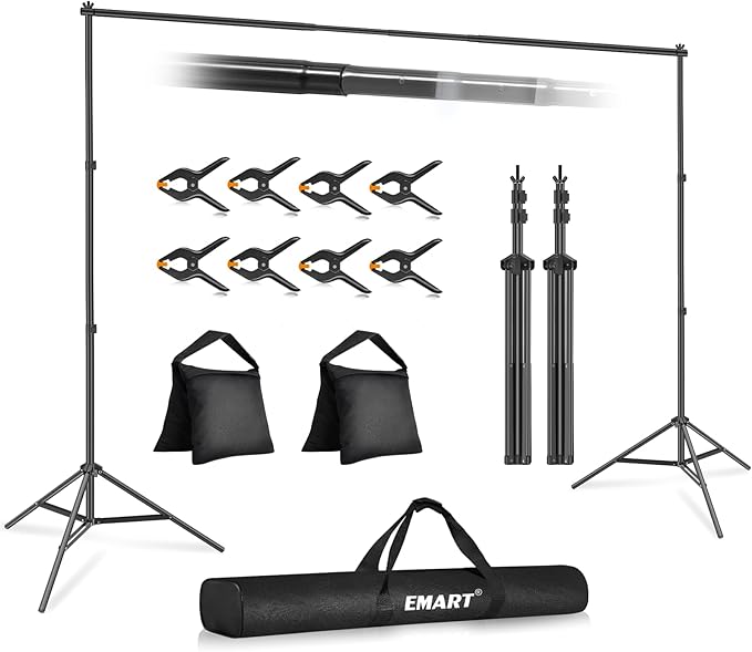 EMART Backdrop Stand 10x7ft(WxH) Photo Studio Adjustable Background Stand Support kit with 2 Crossbars, 8 Clamps, 2 Sandba...