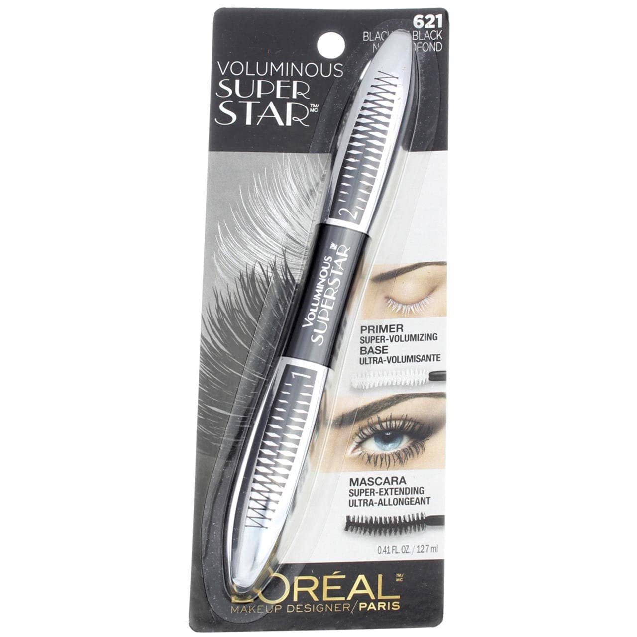 L 'Oreal Paris Cosmetics Voluminous Superstar Washable Mascara, Blackest Black [621] 0.41 oz (Pack of 2)