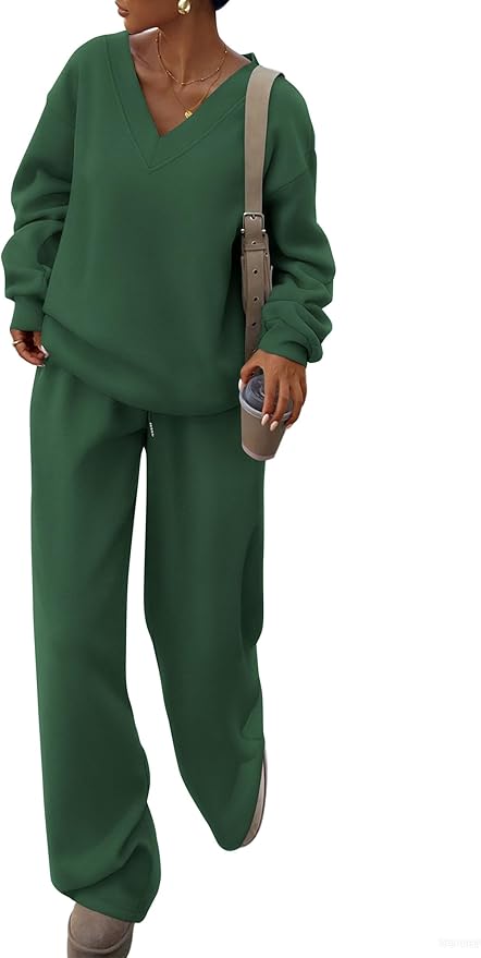 PRETTYGARDEN Casual Winter Two Piece Sets for Women 2026 V Neck Sweatshirt Loose Wide Leg Pants Tracksuit Knit Fall Outfits