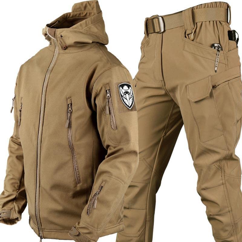 Men's Tactical Jacket and Pants Set Military Hunting ACU Uniform 2PC Apparel Suit Multiple Pockets（Khaki XXL