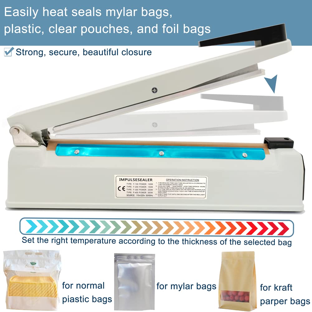 Impulse Heat Sealer 16 inch Mylar Bag Sealer, Heat Sealer for Plastic Bags, Metal Iron Shell, Impulse Sealer 3mm Sealing, Manual Hot Seal Machine with 8 Repair Kits(Included 2 Cutter Lines)