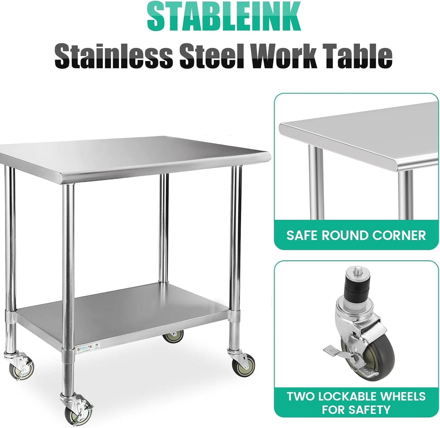 STABLEINK NSF Stainless Steel Prep Table with Wheels 30 x 36 Inches 3ft, Metal Workbench with Adjustable Lower Shelf, for Commercial Kitchen, Restaurant, Hotel, Laundry and Garage