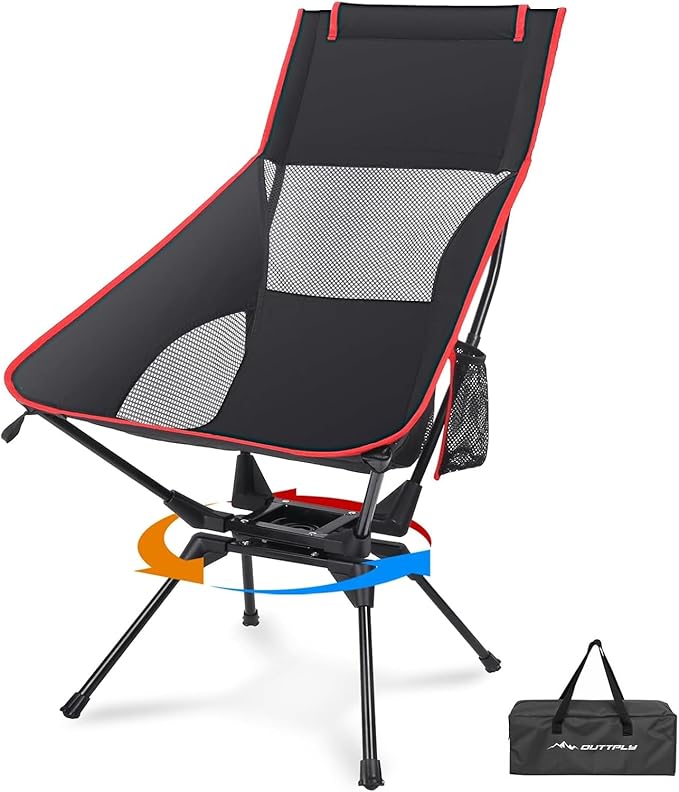 OUTTPLY Swivel Camping Chair, High Back Folding Chair with Head Support, Side Cup Pocket, Stable Portable Outdoor Chair fo...