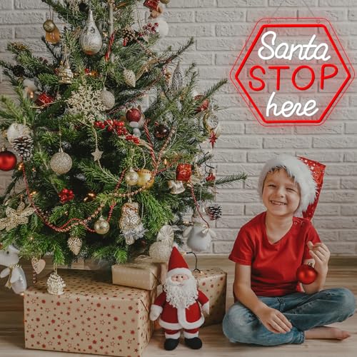 Santa Stop Here Neon Sign for Window Decor USB Powered Xmas Neon Wall Sign Festive Display Holiday Party Santa Stop Led Li...