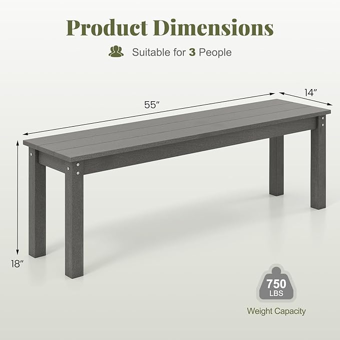 Tangkula HDPE Outdoor Bench, 2-3 Person Patio Bench, 55" Backless Garden Dining Bench with Slatted Seat, Weatherproof Park Bench for Entryway, Porch, Lawn & Backyard (Grey,1)