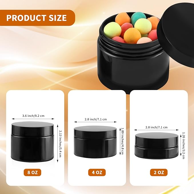 24 Pack 8 Oz Plastic Containers with black Lids, Empty BPA Free and Refillable Cosmetic Jars Travel Containers for Creams, Lotion, Bath Salts, Sugar Scrub, Slime, Lip Scrub, Makeup