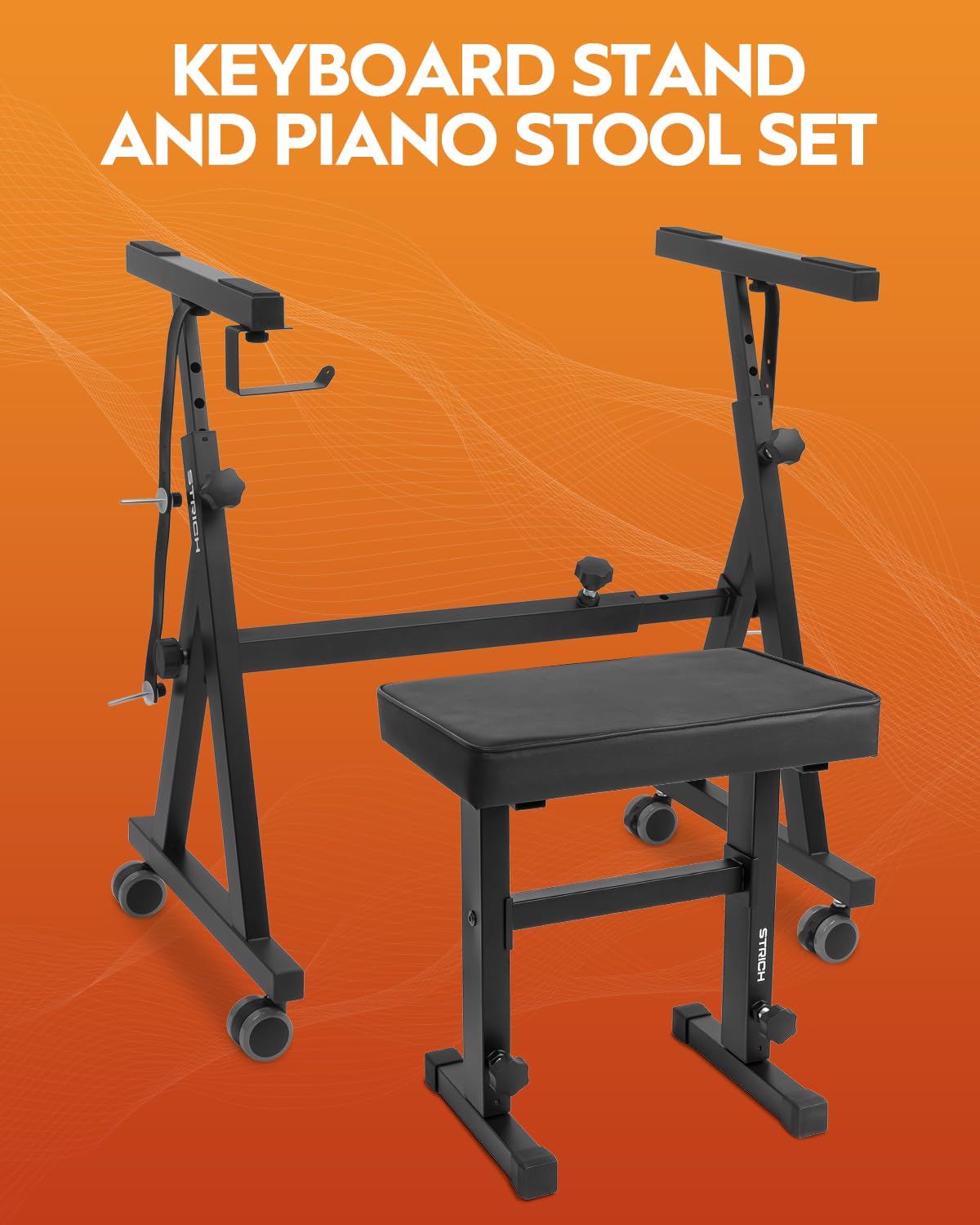 STRICH Piano Keyboard Stand Stool Set, Portable Heavy Duty Stand for 54-88 Key Electric Digital Pianos & Adjustable Piano Bench, Chair, Black, SKT-02 & SPB-M50