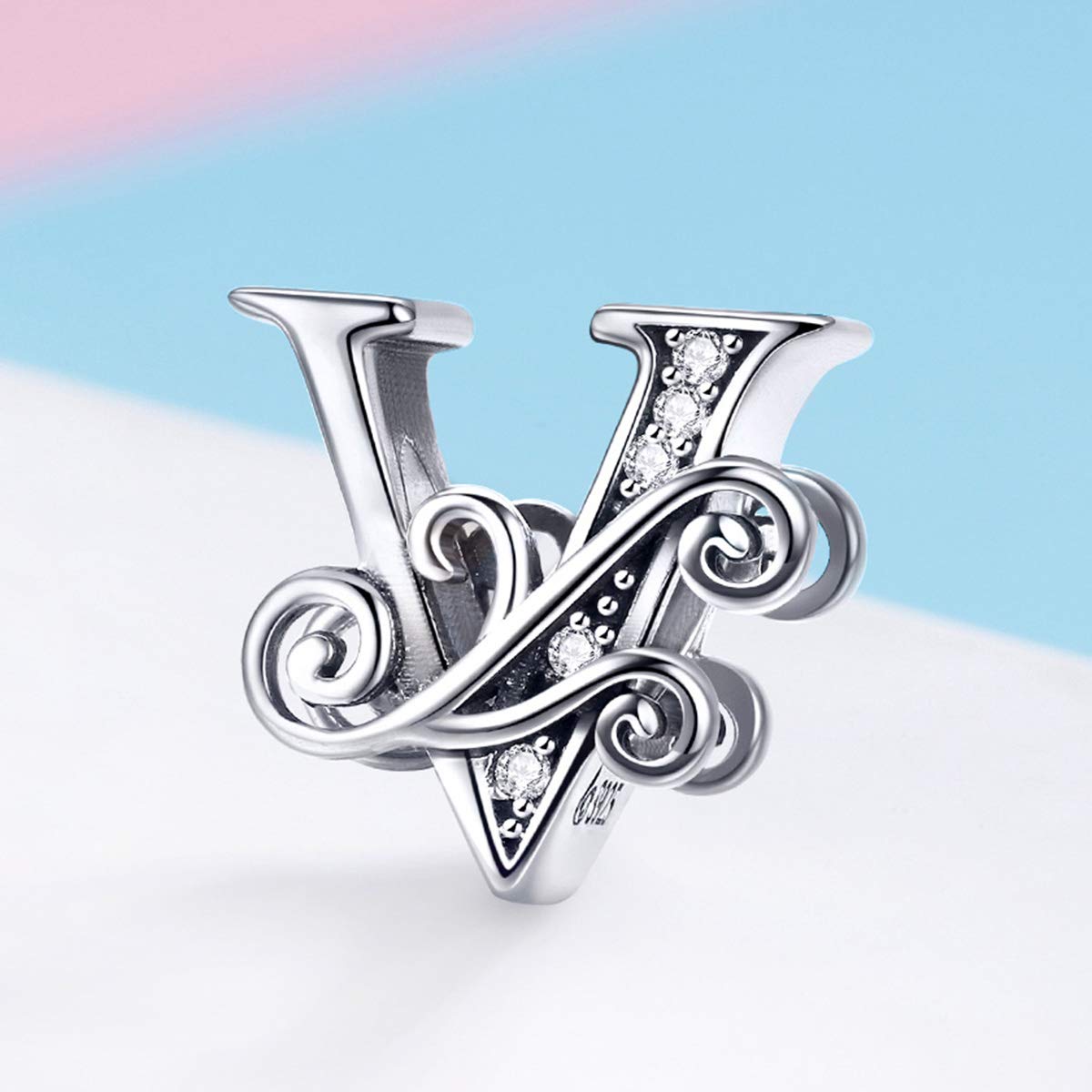 BISAER 925 Sterling Silver Initial Letter V Charms for Bracelets Alphabet Beads Charm Jewelry Gifts