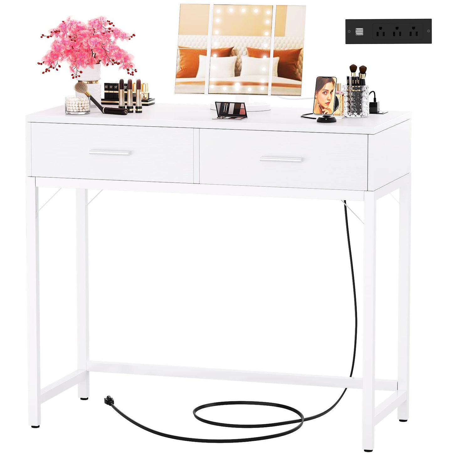 Cyclysio Vanity Desk with Mirror and Lights, 36'' Makeup Vanity Desk with Power Outlet, Small Vanities Set Dressing Table with Drawers for Bedroom, White