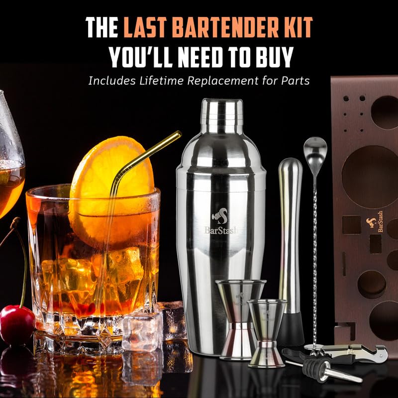 BarStash Cocktail Shaker Set Bartender Kit with Stand, Professional Bartending Kit, House Warming Gifts for New Home - Coc...