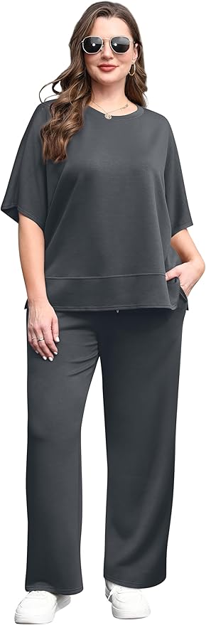 XIEERDUO Women's Side Slit Lounge Sets 2 Piece Travel Outfits Airport Tracksuit Oversized Wide Leg Loungewear S-3XL