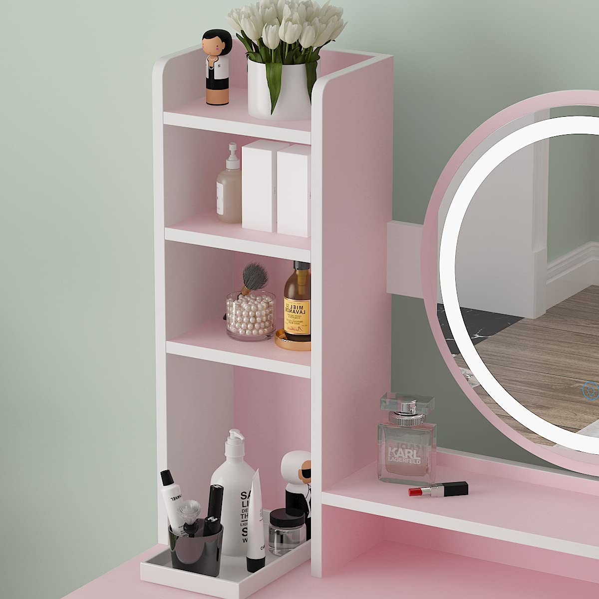 FUFU&GAGA Pink Vanity Set with Round Lighted Mirror, Makeup Vanity Dressing Table with 5 Drawers, Shelves, Dresser Desk and Cushioned Stool