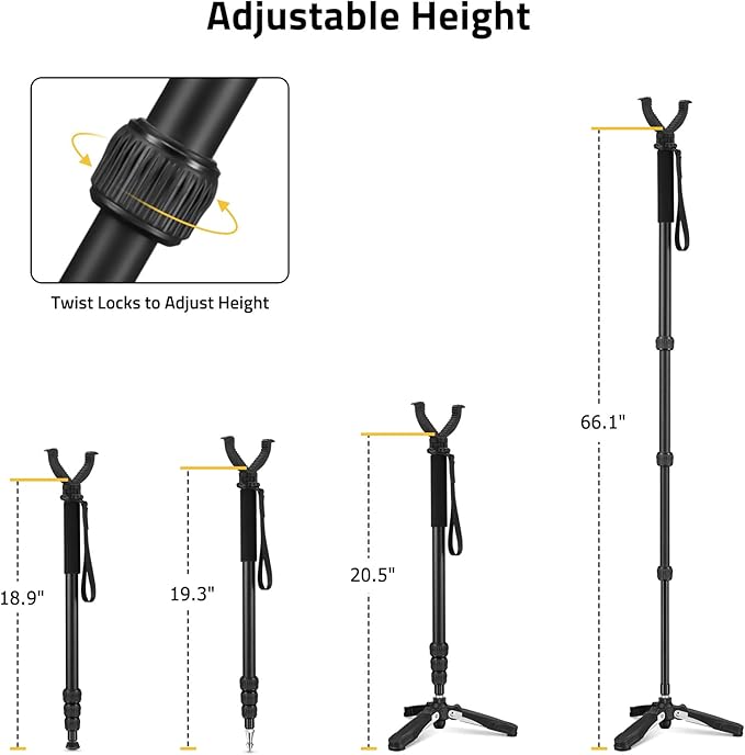 CVLIFE Hunting Monopod Shooting Stick, Shooting Rest Hunting Tripod Gun Rifle Rest, Adjustable Aluminum 20.5"-66.1" with Tiltable and Rotatable Tri-Stand Tripod Base and Rubber V Yoke for Outdoor