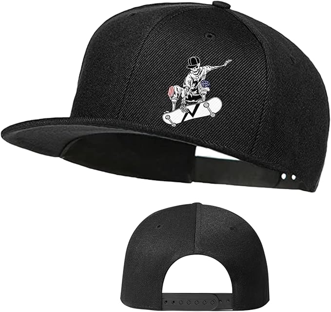 Snapback Hats for Men Flat Bill Brim Hats for Women Fitted Hat Skull Hats Cool Adults Baseball Cap Black Rock N Roll Caps