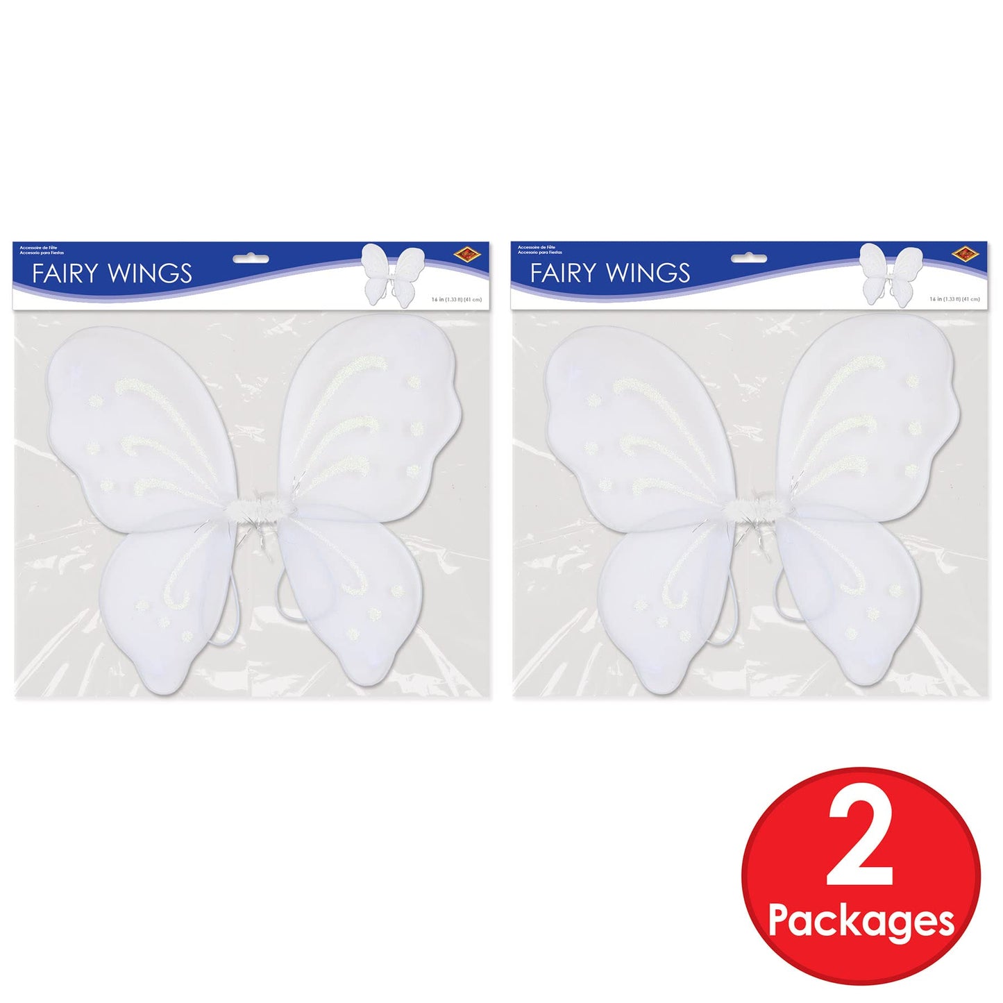 Beistle Set of 2 Fairy Wings, Halloween White Nylon Butterfly Wings with Elastic Armbands, Fantasy Cosplay Costume Accessory, 14.5” x 16”, One Size